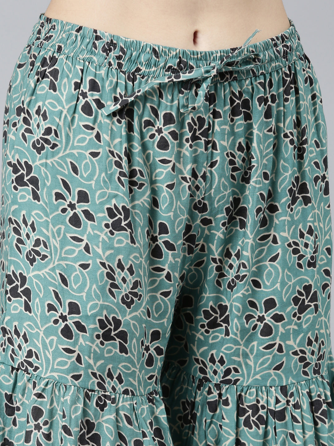 Neerus Green Regular Straight Floral Kurta Sets And Sharara With Dupatta