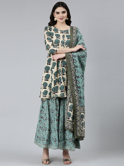 Neeru's Green Regular Straight Floral Kurta Sets And Sharara With Dupatta