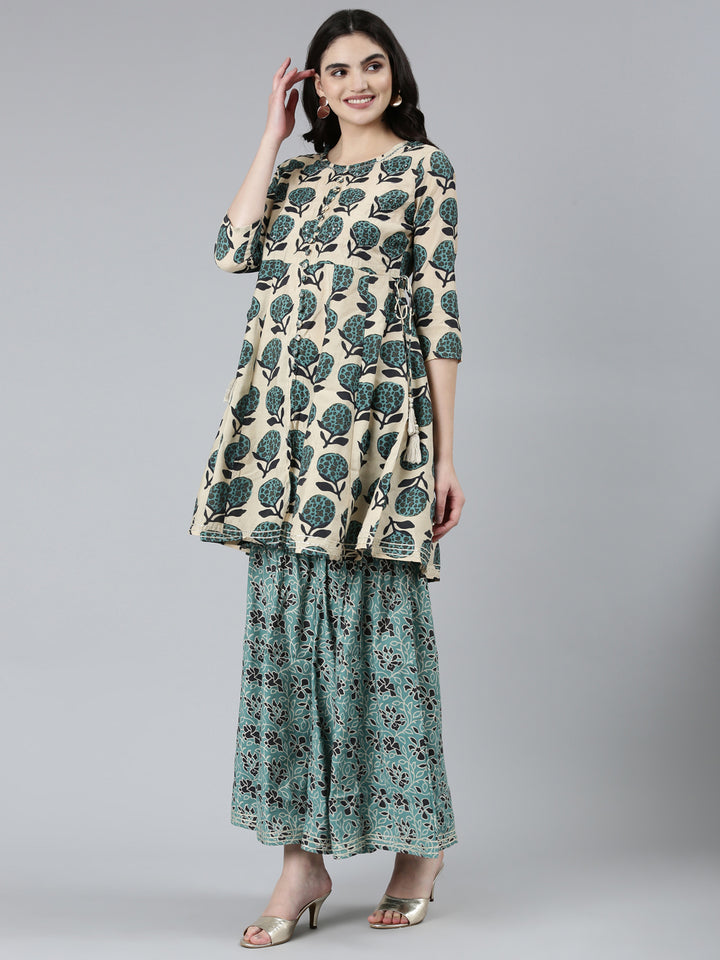 Neerus Green Regular Straight Floral Kurta Sets And Sharara With Dupatta