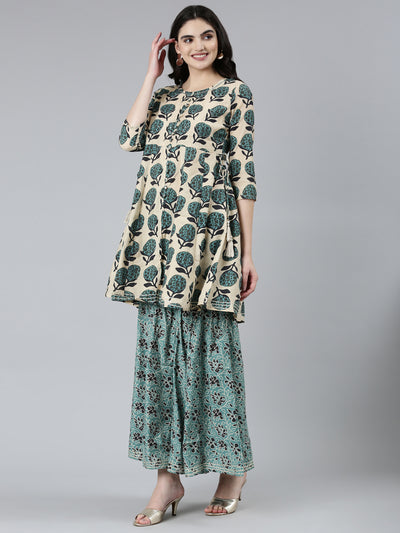 Neeru's Green Regular Straight Floral Kurta Sets And Sharara With Dupatta