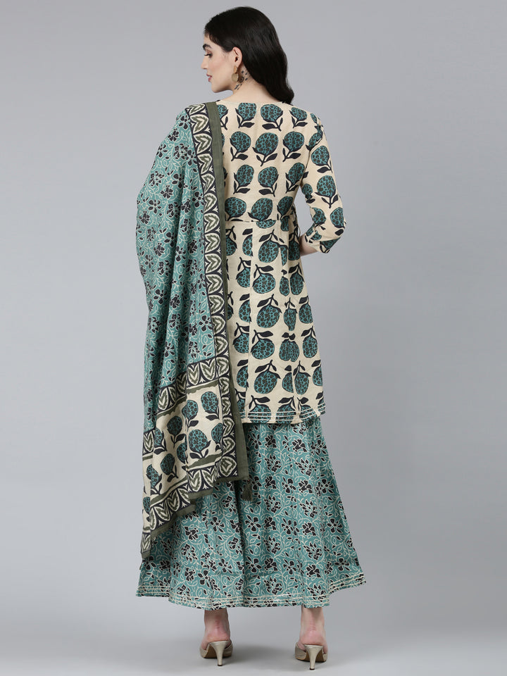 Neerus Green Regular Straight Floral Kurta Sets And Sharara With Dupatta