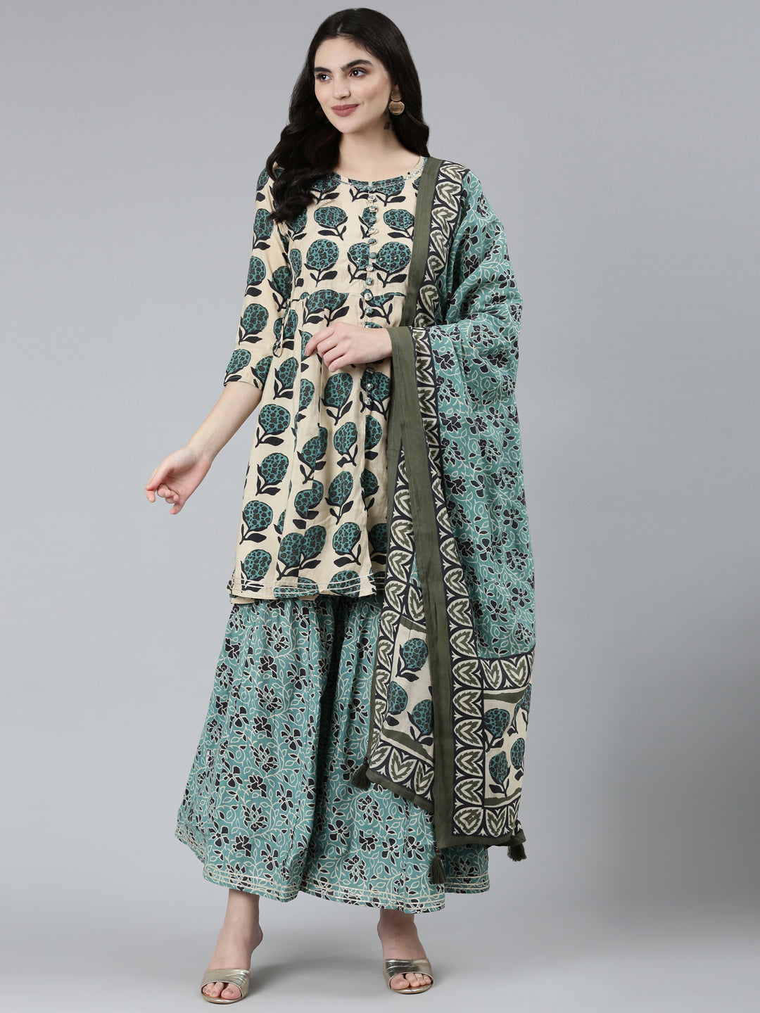 Neerus Green Regular Straight Floral Kurta Sets And Sharara With Dupatta