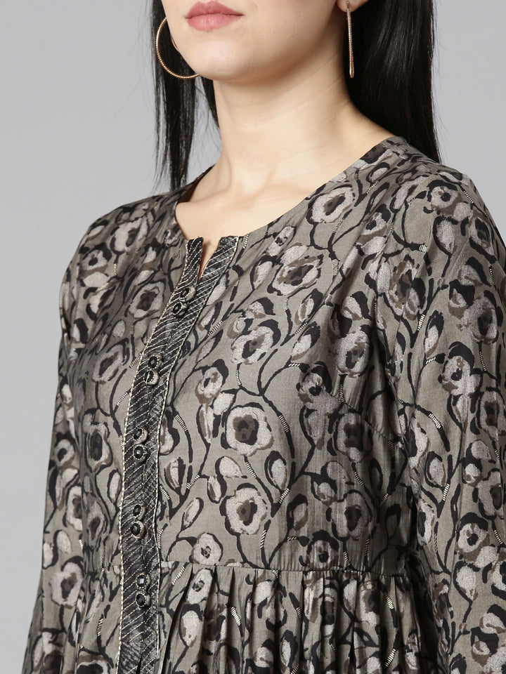 Neerus Grey Pleated Straight Printed Kurta And Trousers With Dupatta