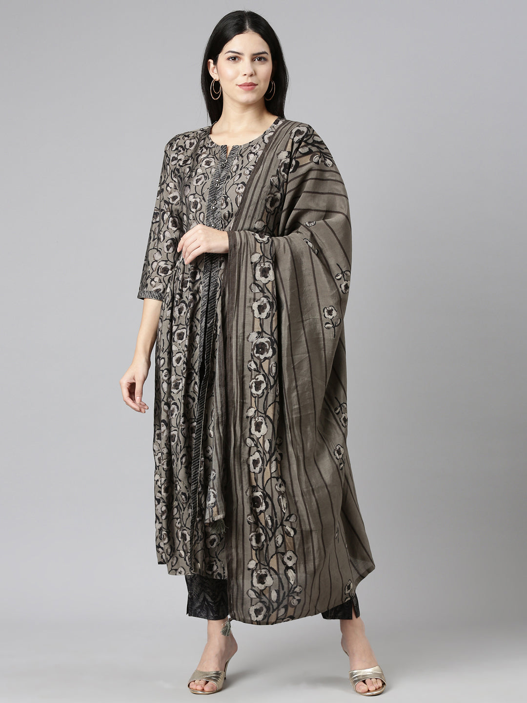 Neerus Grey Pleated Straight Printed Kurta And Trousers With Dupatta