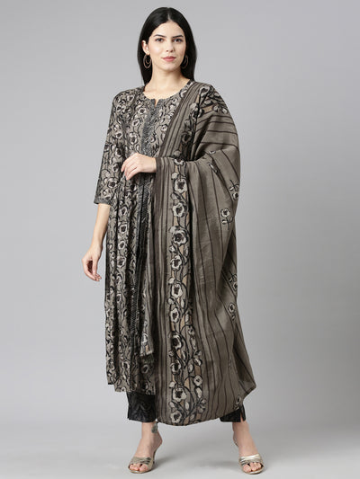Neerus Grey Pleated Straight Printed Kurta And Trousers With Dupatta