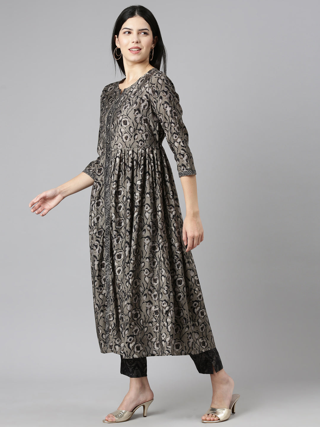 Neerus Grey Pleated Straight Printed Kurta And Trousers With Dupatta