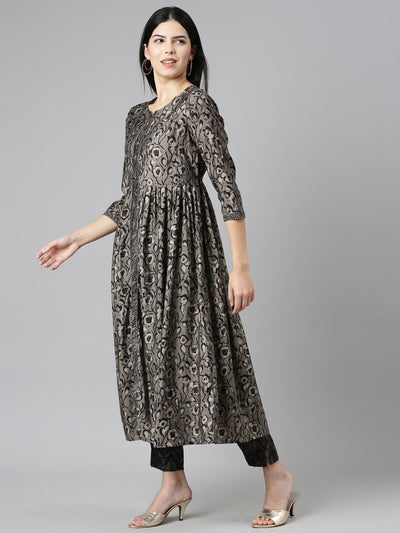 Neerus Grey Pleated Straight Printed Kurta And Trousers With Dupatta