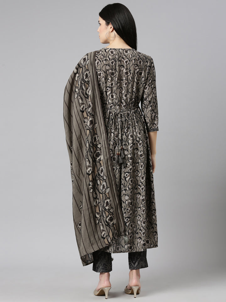 Neerus Grey Pleated Straight Printed Kurta And Trousers With Dupatta