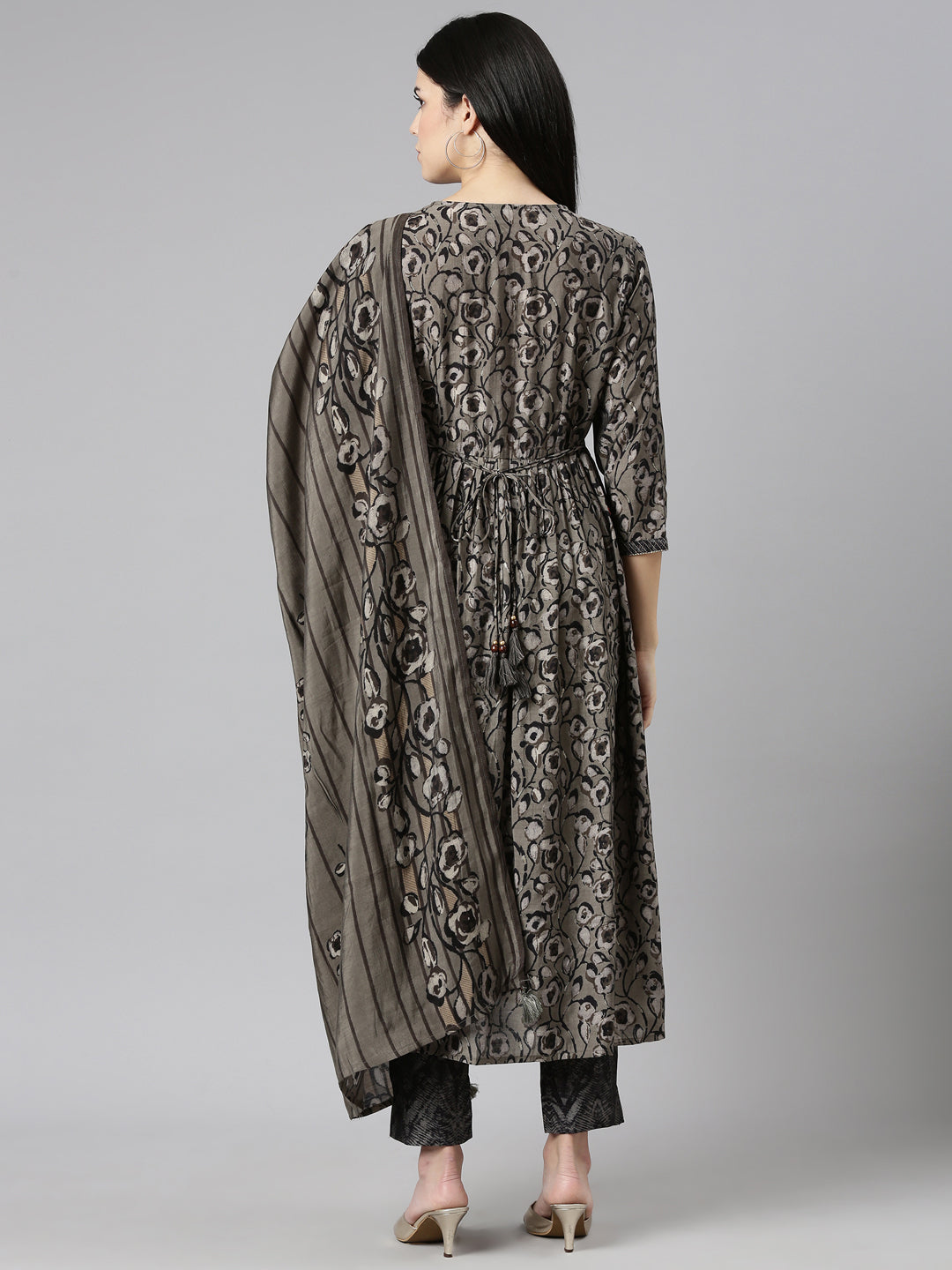 Neerus Grey Pleated Straight Printed Kurta And Trousers With Dupatta