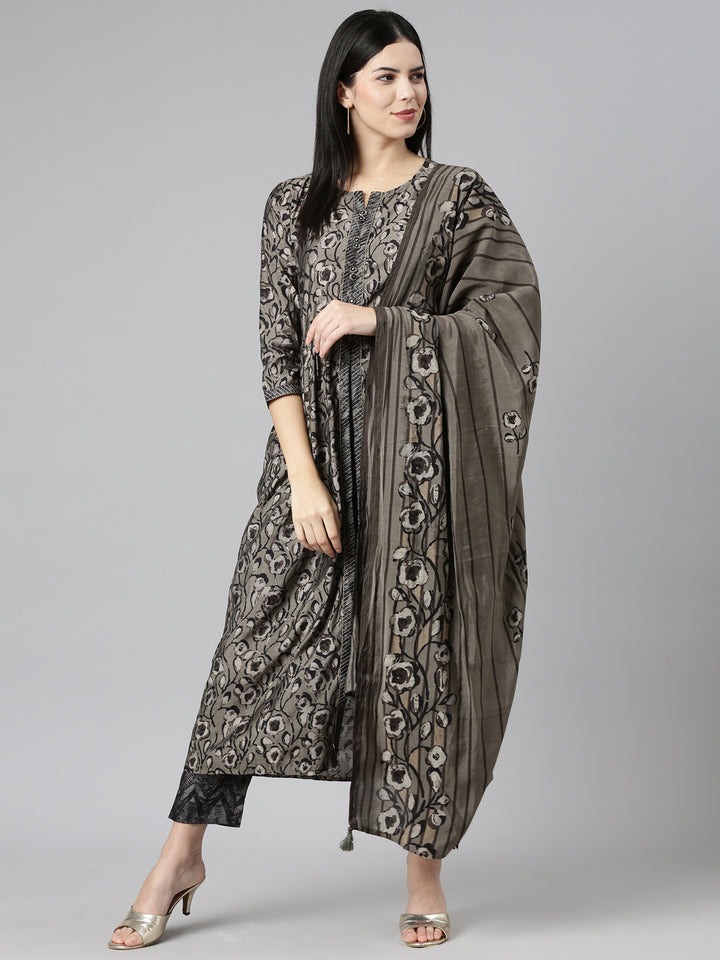 Neerus Grey Pleated Straight Printed Kurta And Trousers With Dupatta