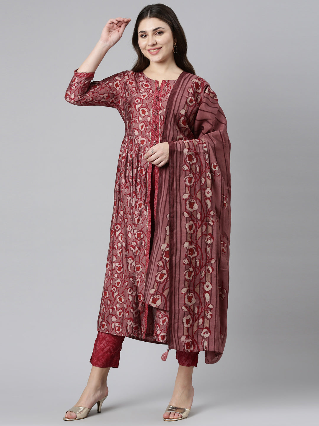 Neerus Maroon printed straight kurta set - front view