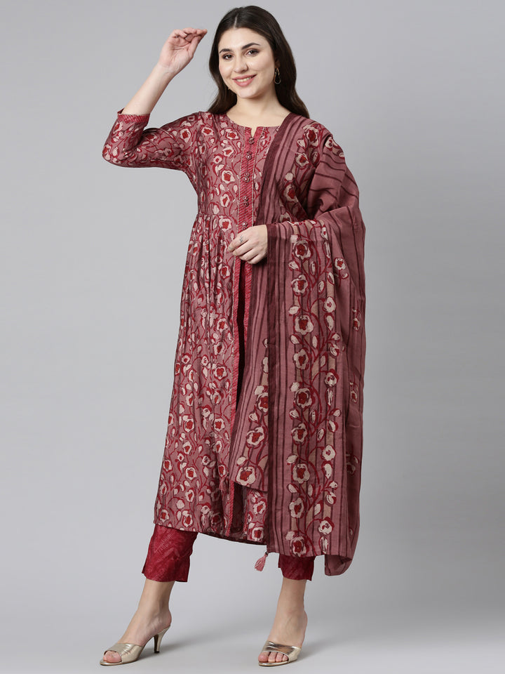 Neerus Maroon printed straight kurta set - front view