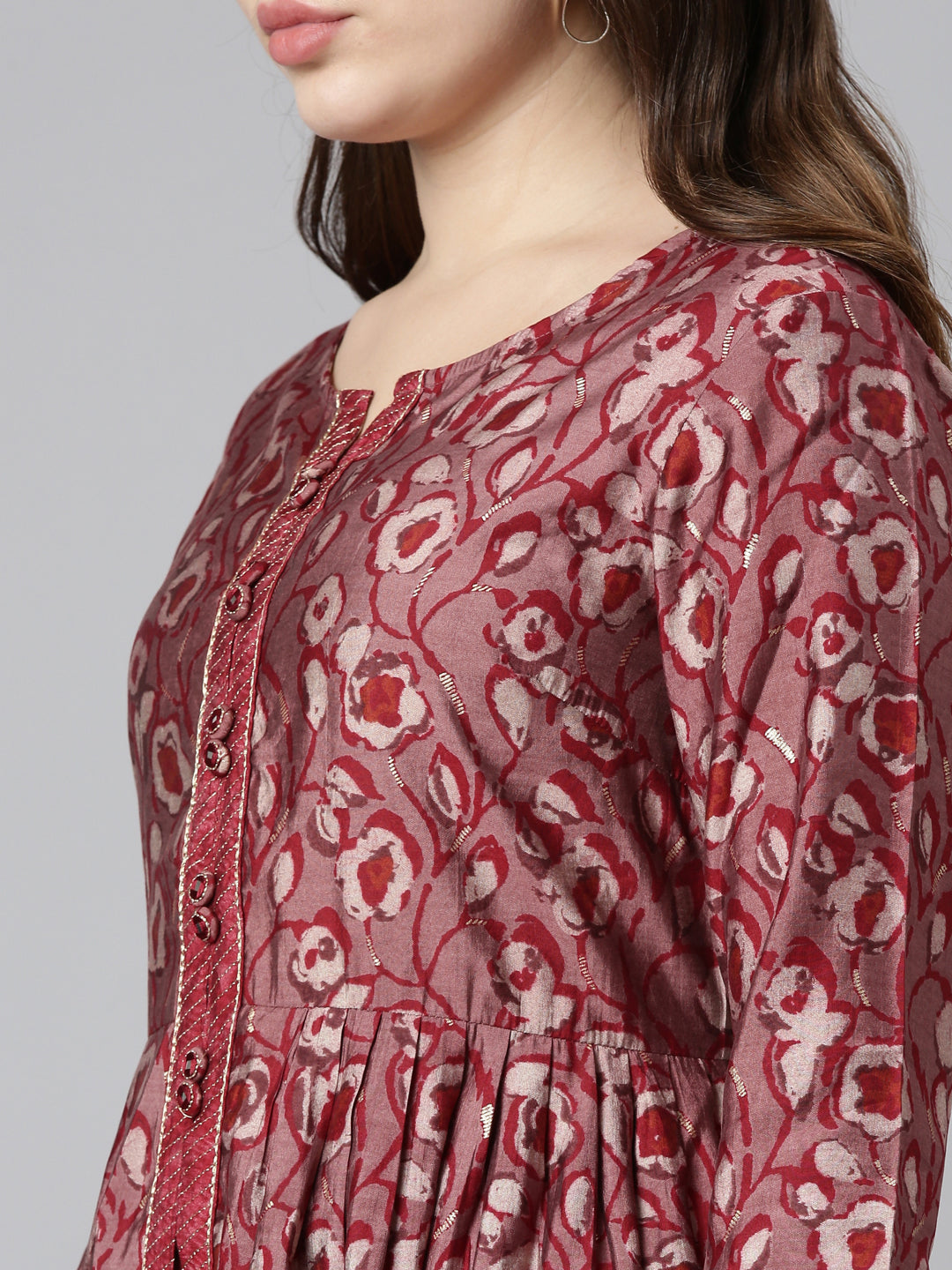 Neerus Maroon printed straight kurta set - detail view 1