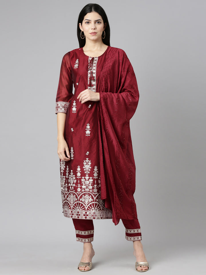 Neerus Maroon Regular Straight Embroidered Readymade suits