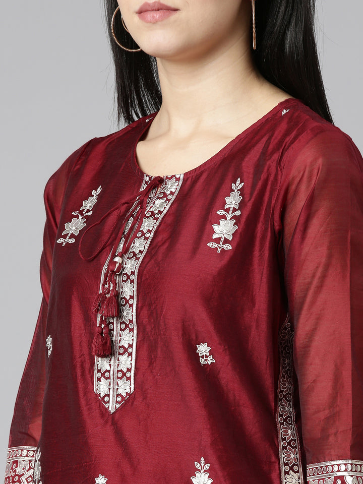 Neerus Maroon Regular Straight Embroidered Readymade suits