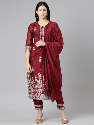 Neerus Maroon Regular Straight Embroidered Kurta And Trousers With Dupatta