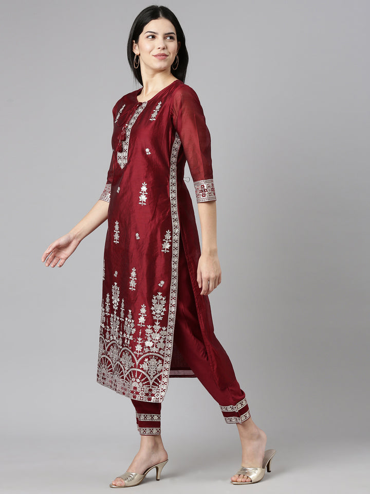 Neerus Maroon Regular Straight Embroidered Readymade suits