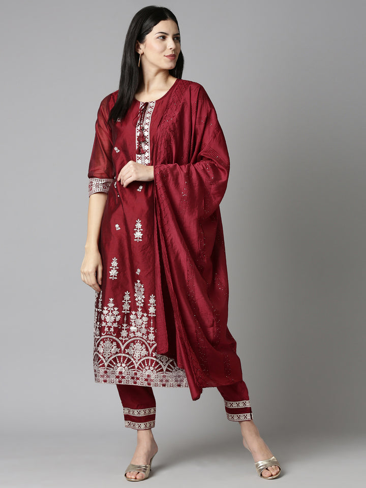 Neerus Maroon Regular Straight Embroidered Readymade suits