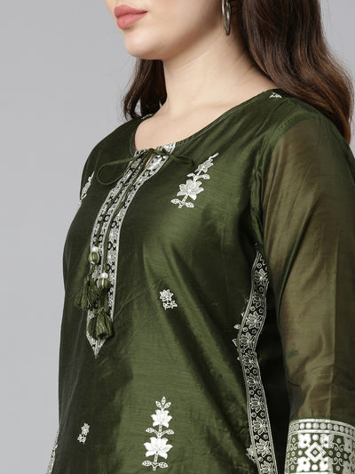 Neerus Olive Regular Straight Embroidered Kurta And Trousers With Dupatta