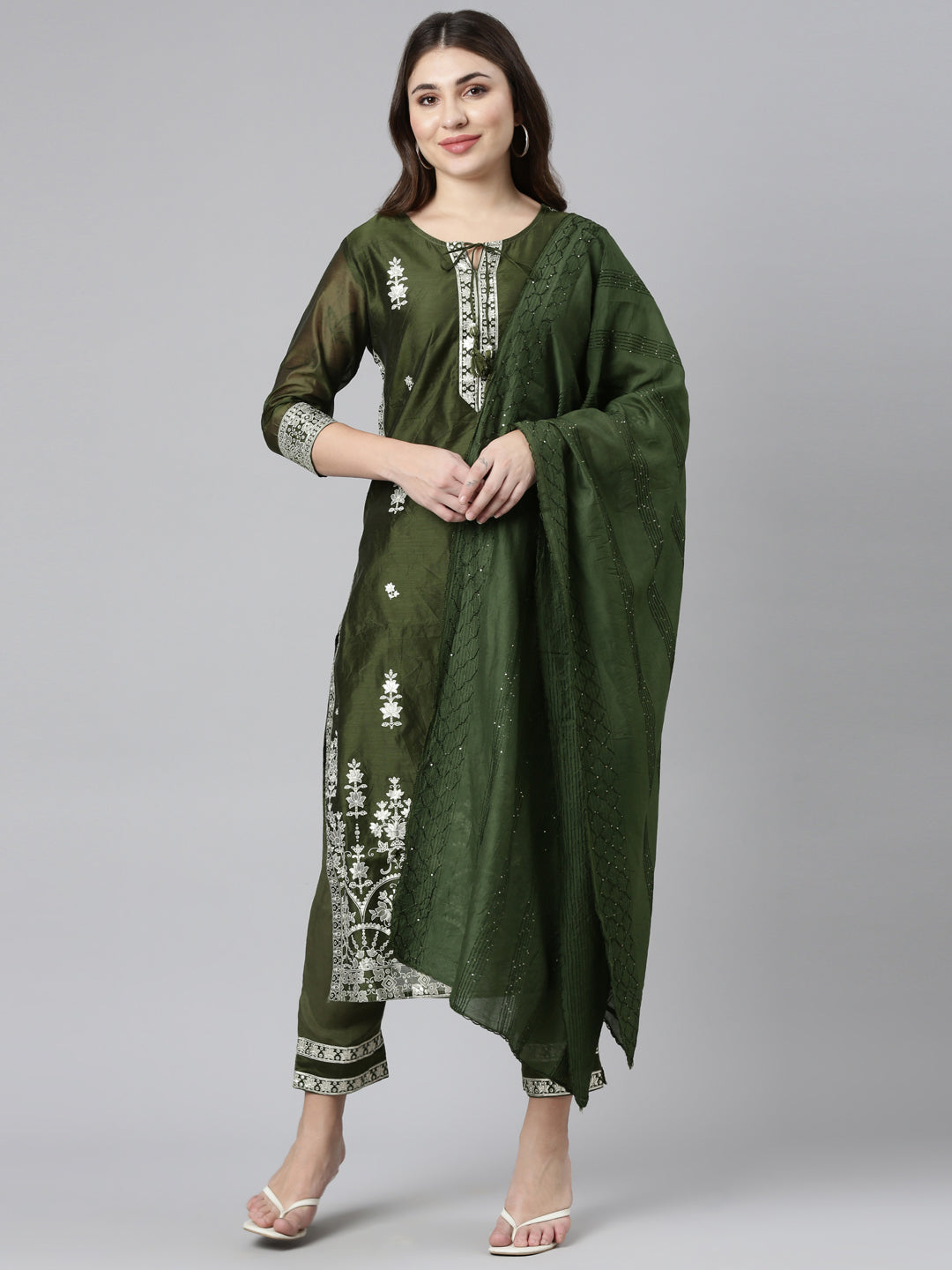 Neerus Olive Regular Straight Embroidered Kurta And Trousers With Dupatta