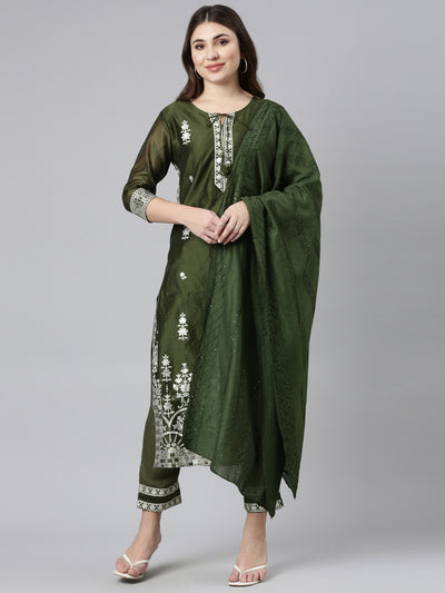 Neerus Olive Regular Straight Embroidered Kurta And Trousers With Dupatta