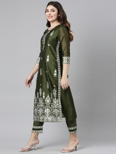 Neerus Olive Regular Straight Embroidered Kurta And Trousers With Dupatta