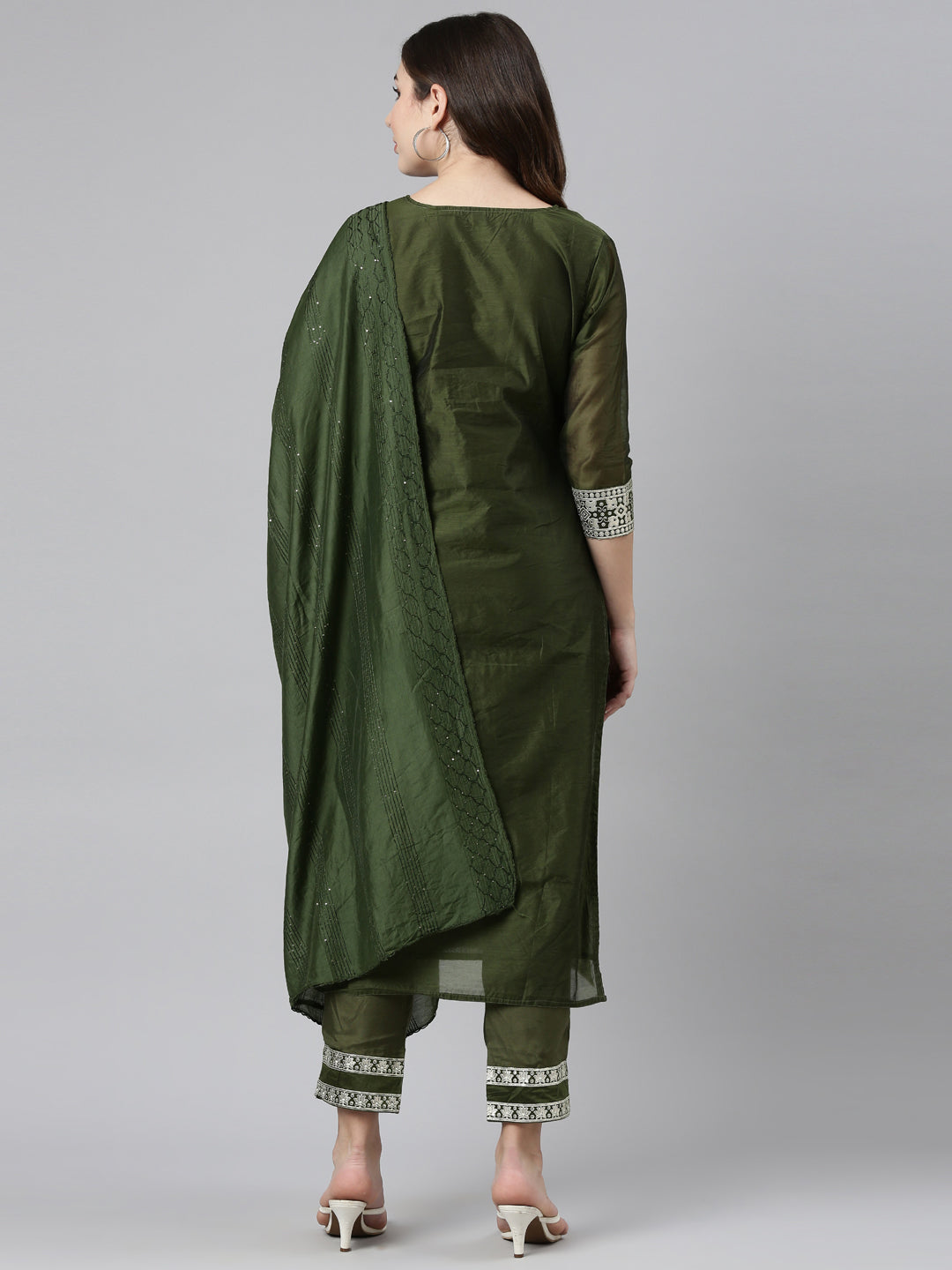 Neerus Green embroidered straight kurta set with trouser and dupatta - side view
