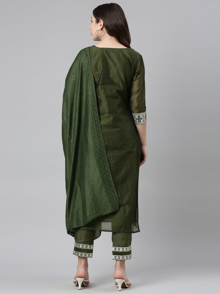 Neerus Green embroidered straight kurta set with trouser and dupatta - side view