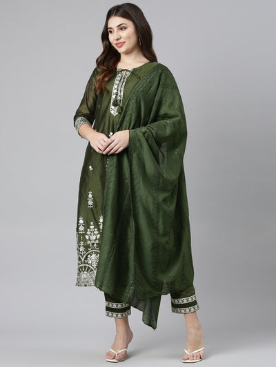 Neerus Olive Regular Straight Embroidered Kurta And Trousers With Dupatta