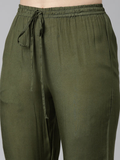 Neerus Olive Regular Straight Embroidered Kurta And Trousers With Dupatta