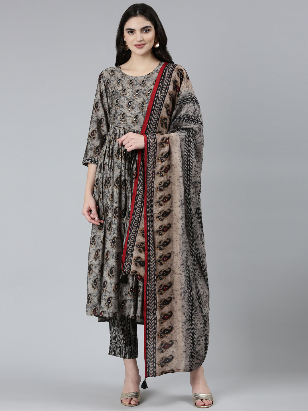 Neerus Grey printed paisley kurta set with trouser and dupatta - front view