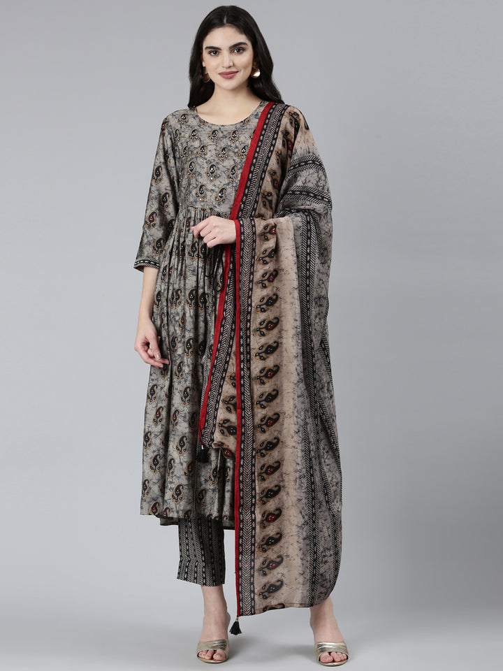 Neerus Grey printed paisley kurta set with trouser and dupatta - front view