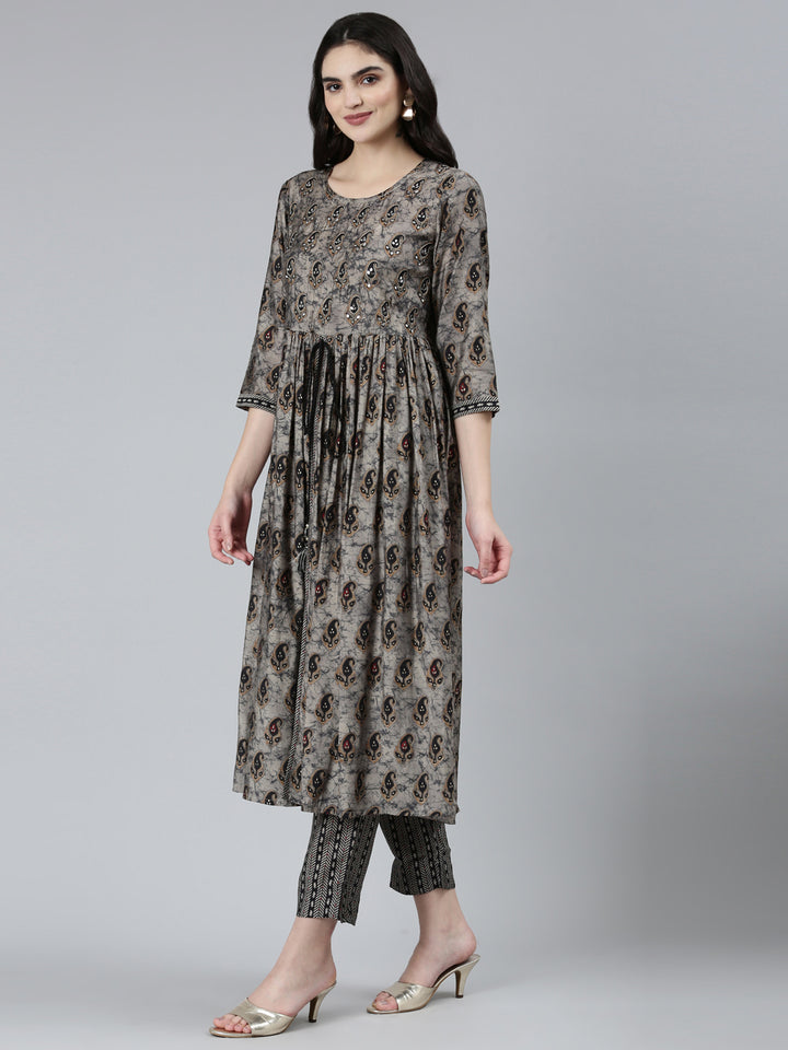 Neerus Grey printed paisley kurta set with trouser and dupatta - back view
