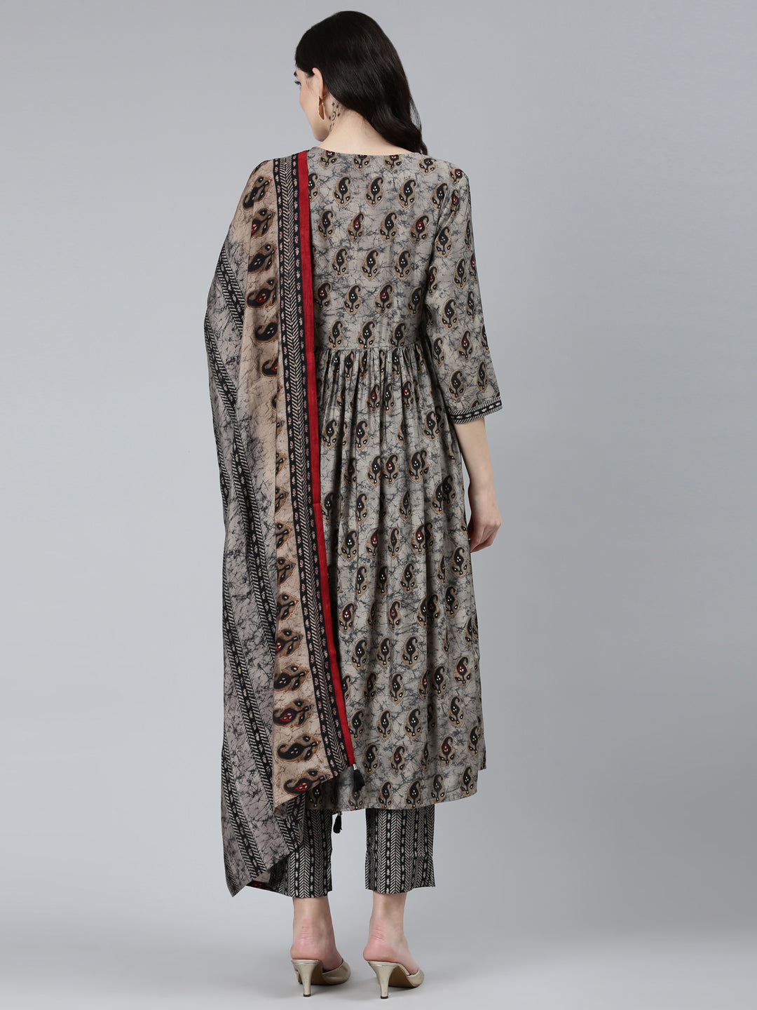 Neerus Grey printed paisley kurta set with trouser and dupatta - side view
