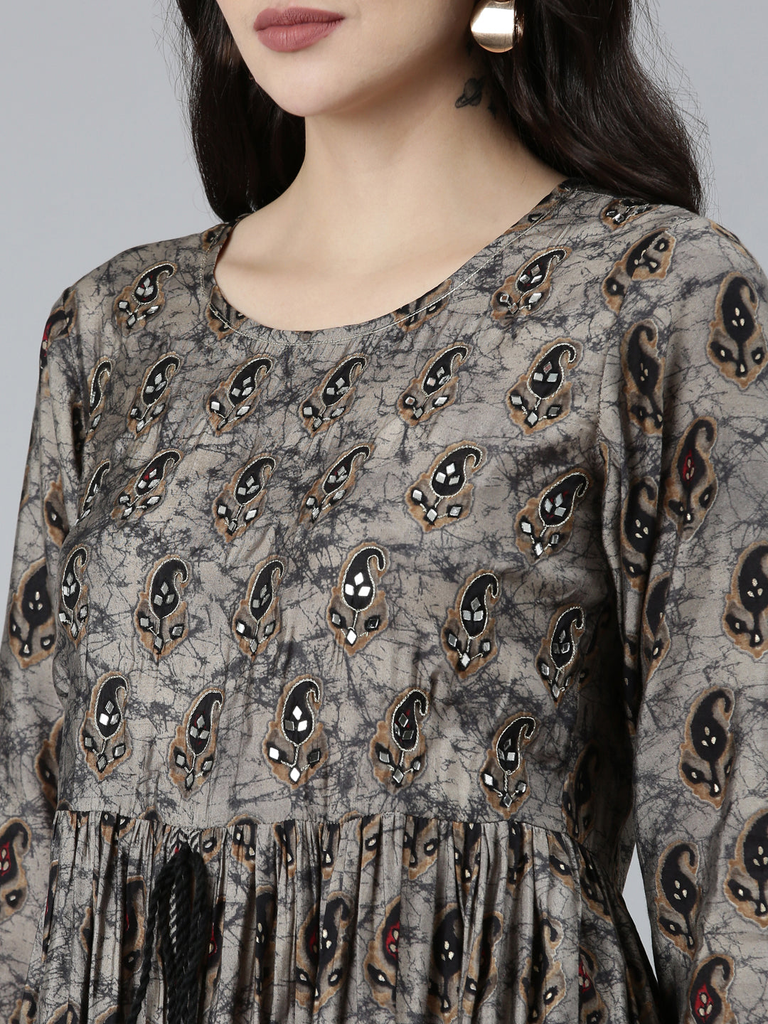 Neerus Grey printed paisley kurta set with trouser and dupatta - detail view 1