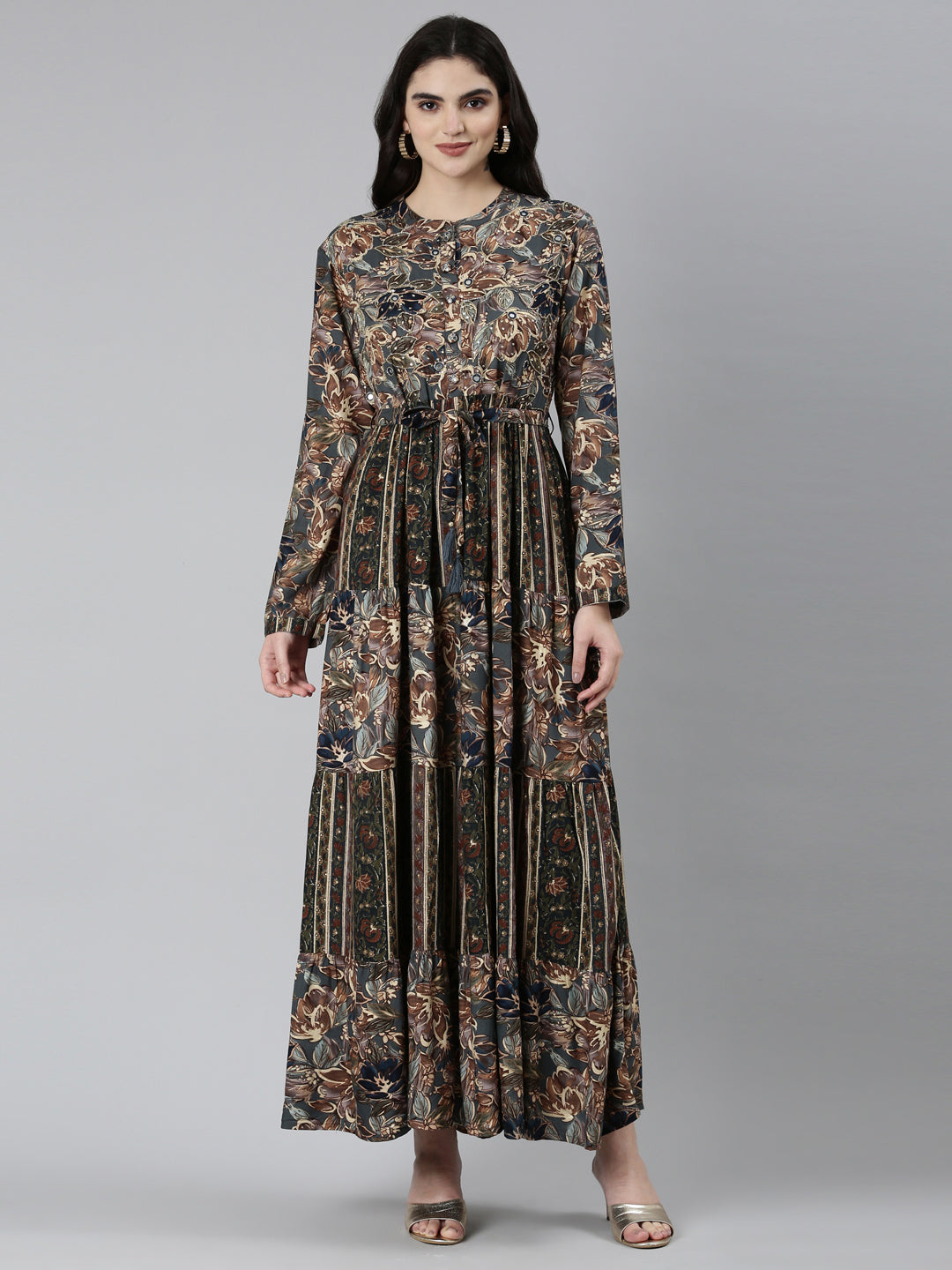 Neerus Olive Straight Casual Floral Dresses