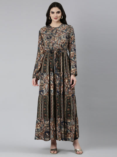 Neerus Olive Straight Casual Floral Dresses