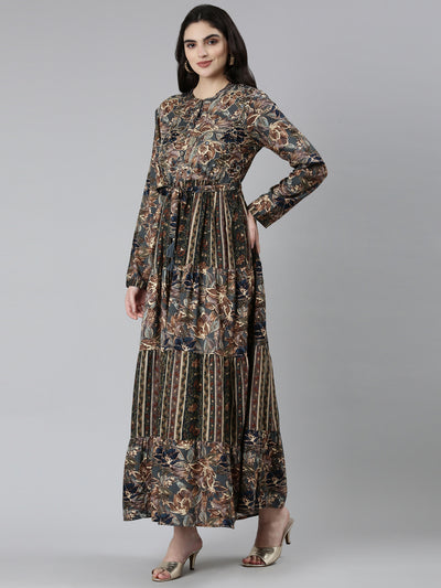 Neerus Olive Straight Casual Floral Dresses