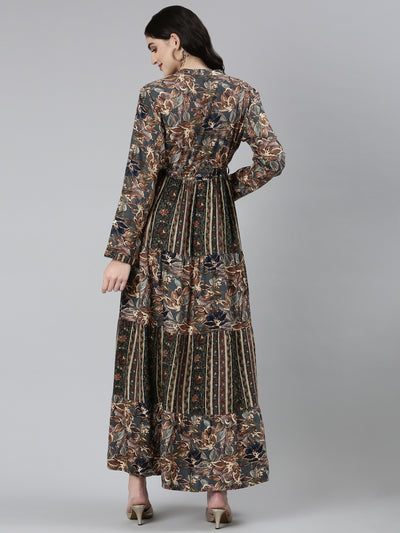 Neerus Olive Straight Casual Floral Dresses