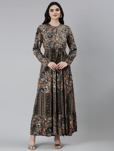 Neeru's Olive Straight Casual Floral Dresses