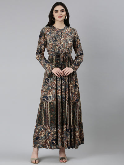 Neerus Olive Straight Casual Floral Dresses