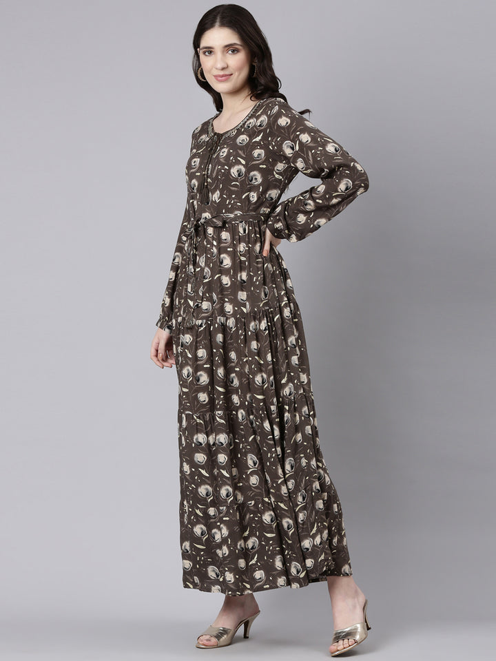 Neerus Olive Flared Casual Printed Fit And Flare Dresses