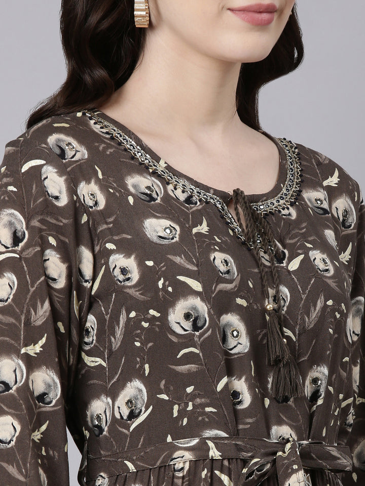 Neerus Olive Flared Casual Printed Fit And Flare Dresses