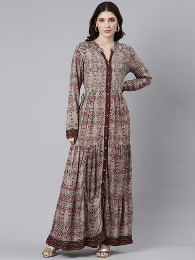 Neeru's Beige Straight Casual Printed Maxi Dresses