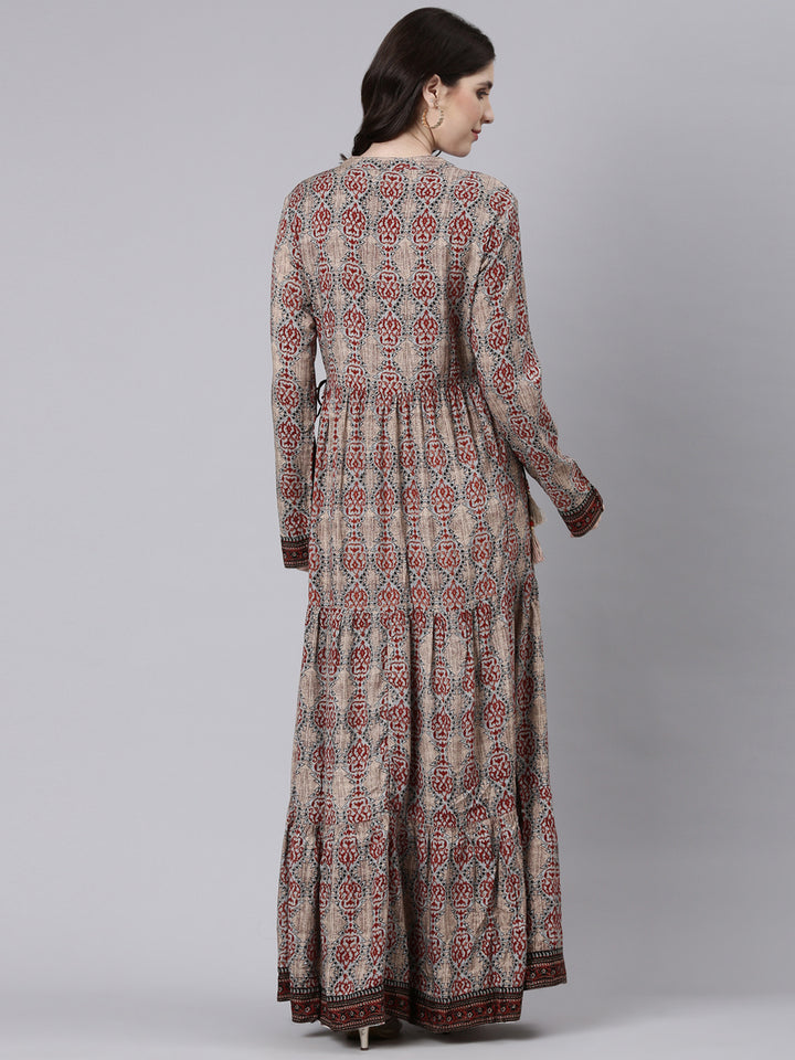 Neerus Beige Straight Casual Printed Maxi Dresses