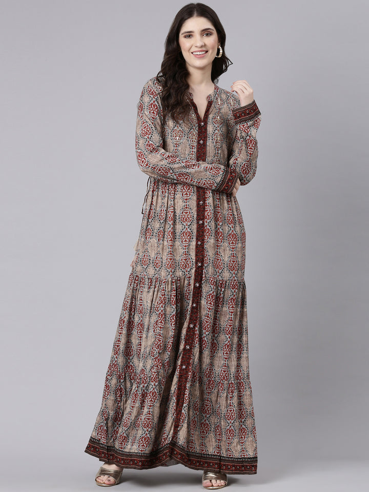 Neerus Beige Straight Casual Printed Maxi Dresses