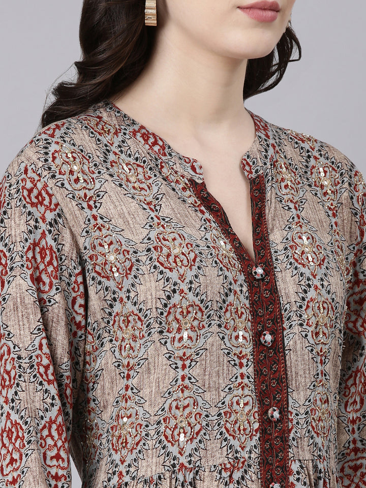 Neerus Beige Straight Casual Printed Maxi Dresses