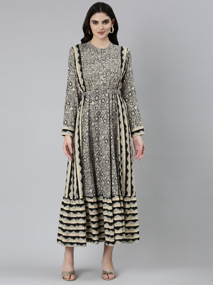 Neerus Grey floral printed straight dress - front view