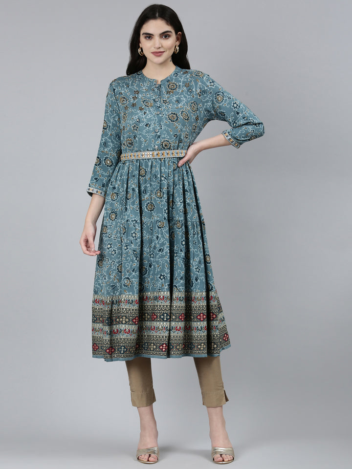 Neerus Blue rayon printed straight kurti - front view