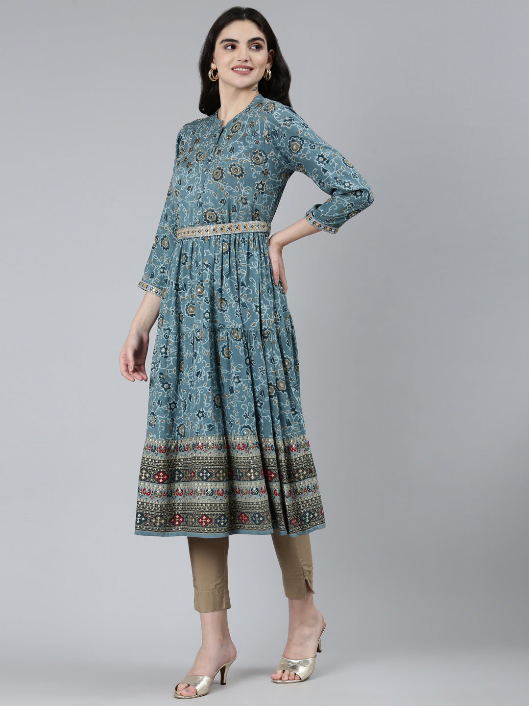 Neerus Blue rayon printed straight kurti - back view